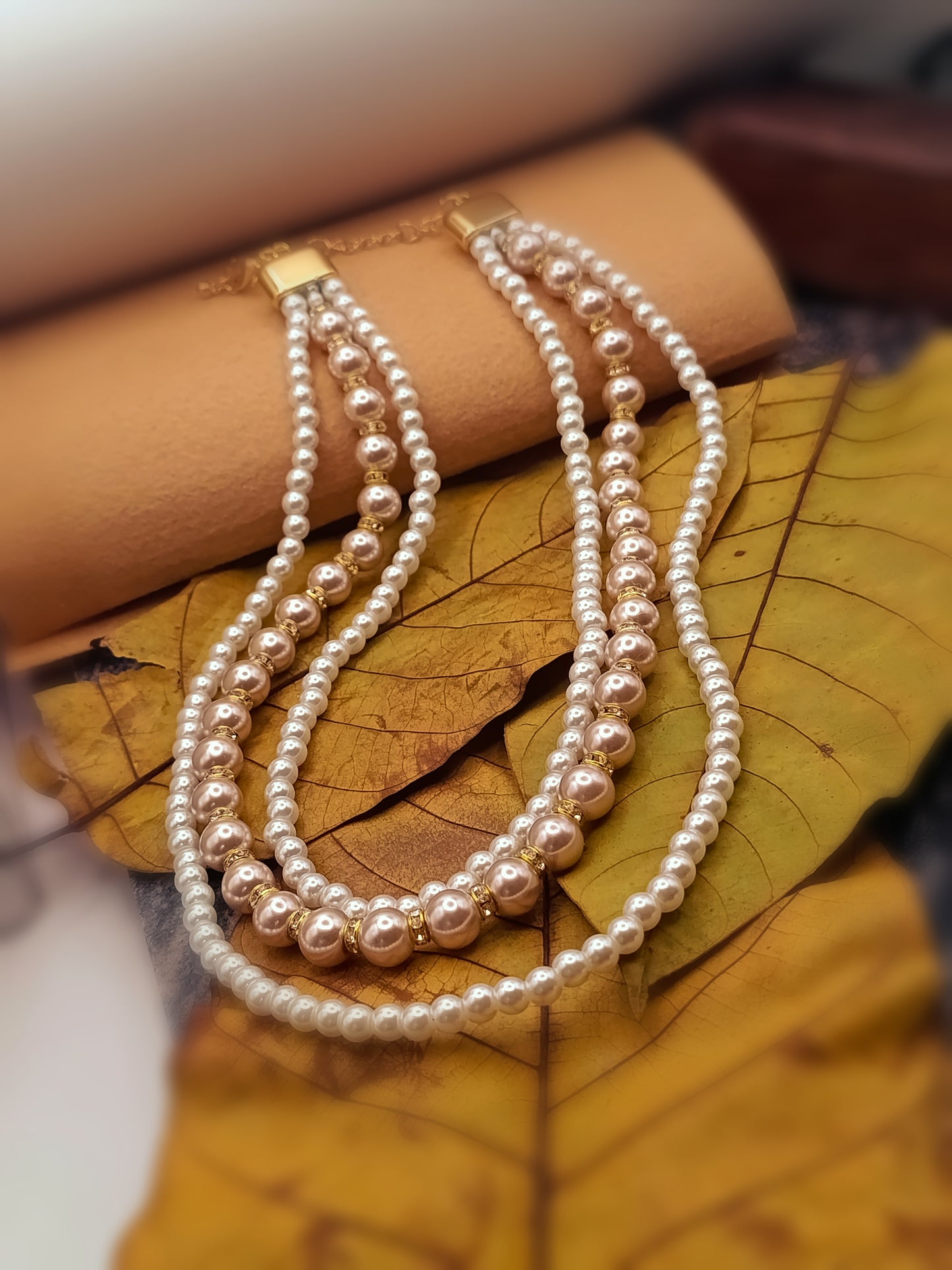 Royal White & Rose Gold Pearls Layered Necklace