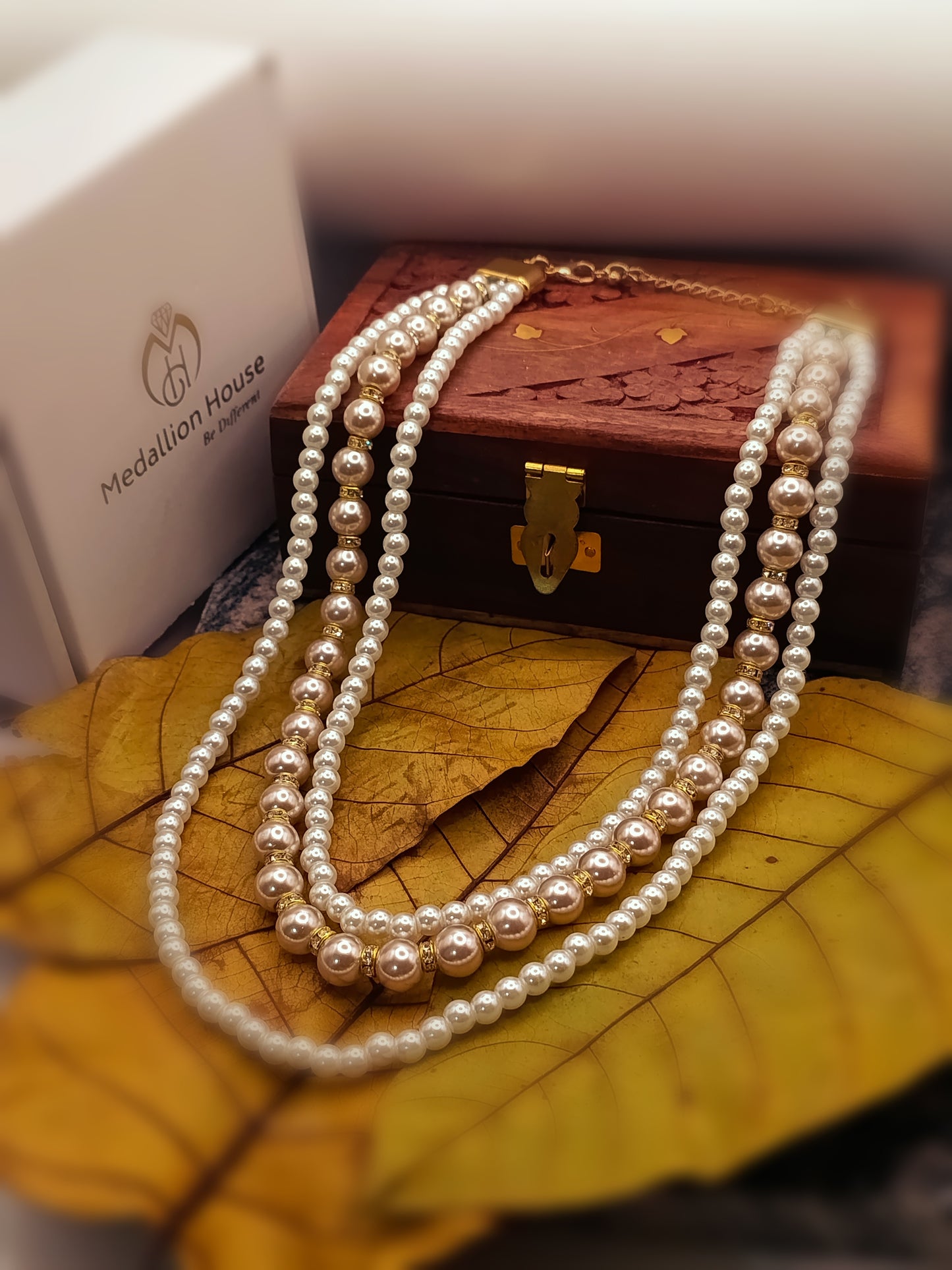Royal White & Rose Gold Pearls Layered Necklace