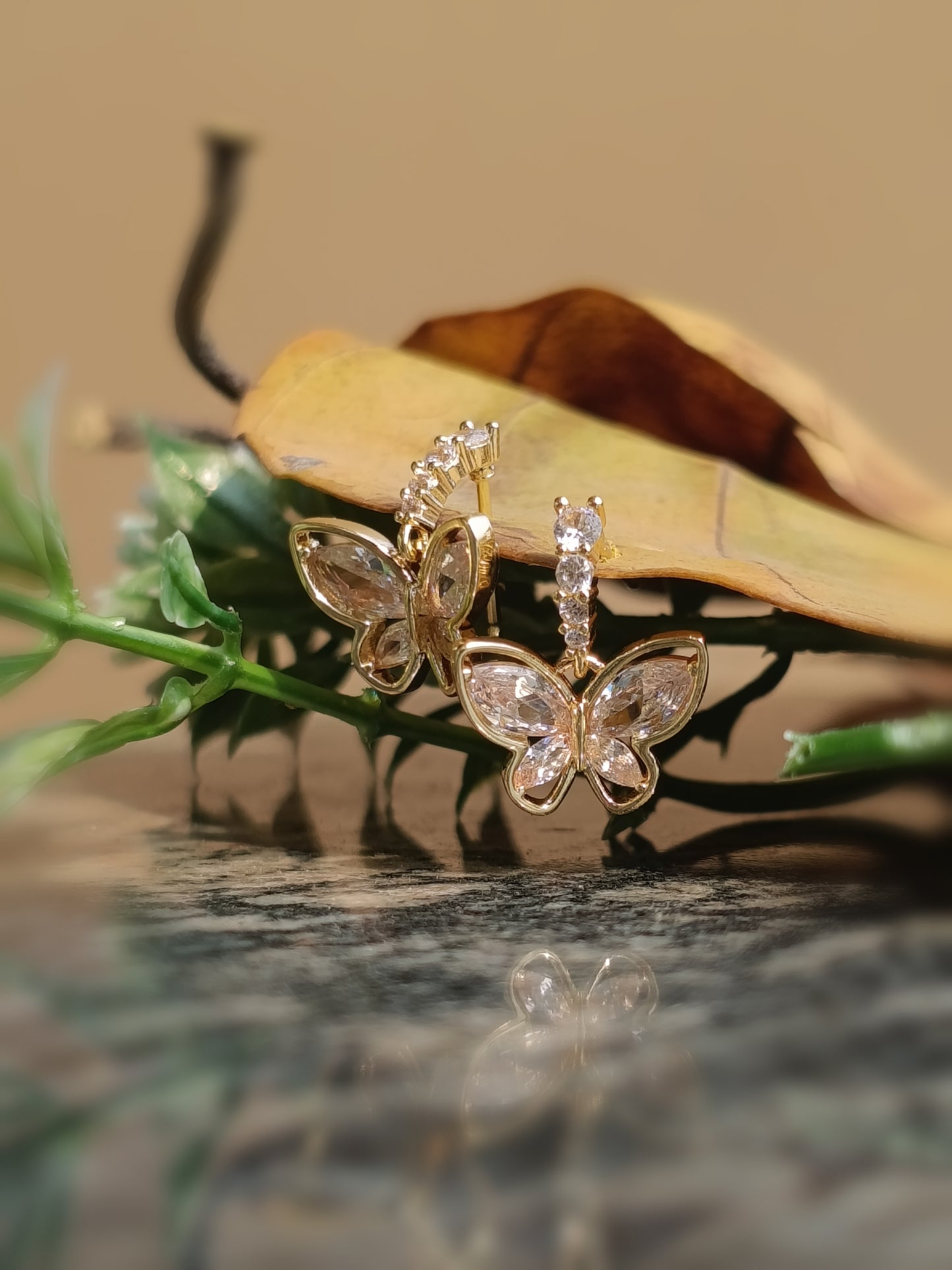 Anti Tarnish_Gold Plated Butterfly Dangle Hoop Earrings