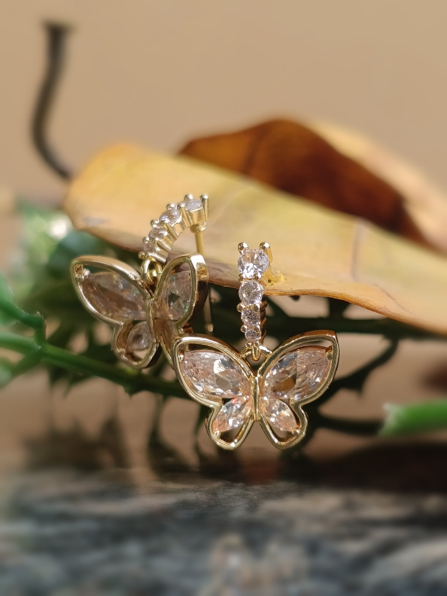 Anti Tarnish_Gold Plated Butterfly Dangle Hoop Earrings