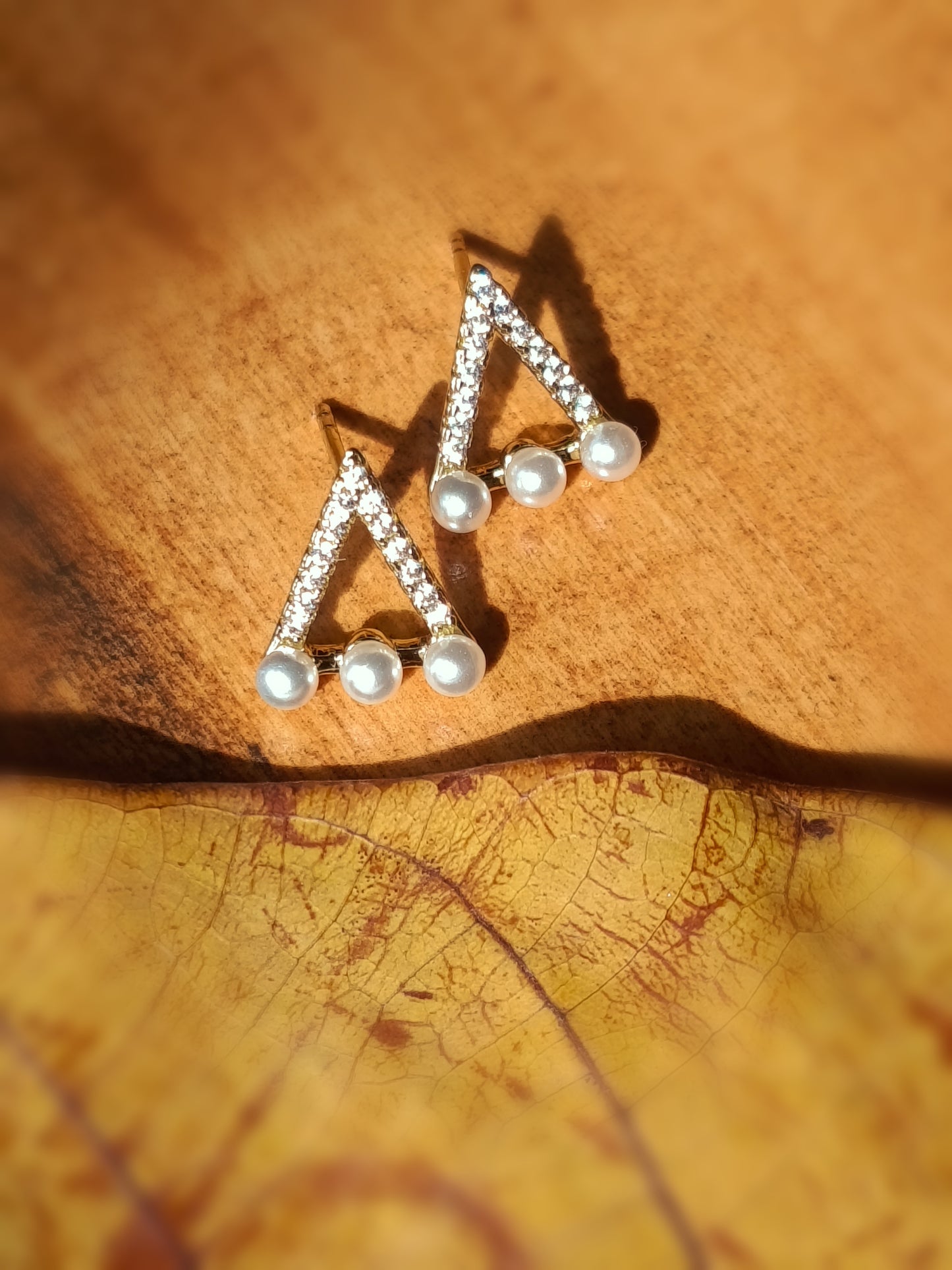 Gold Plated_Fancy Triangle Pearl AD Stud Earrings