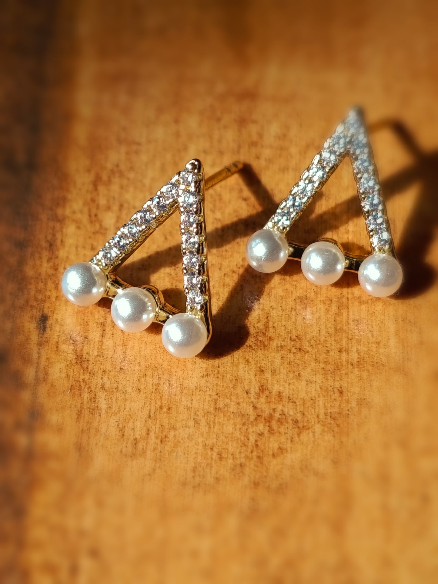 Gold Plated_Fancy Triangle Pearl AD Stud Earrings