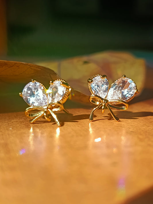 Anti Tarnish_Gold Plated Zircon Stone Bow-Shaped Stud Earrings