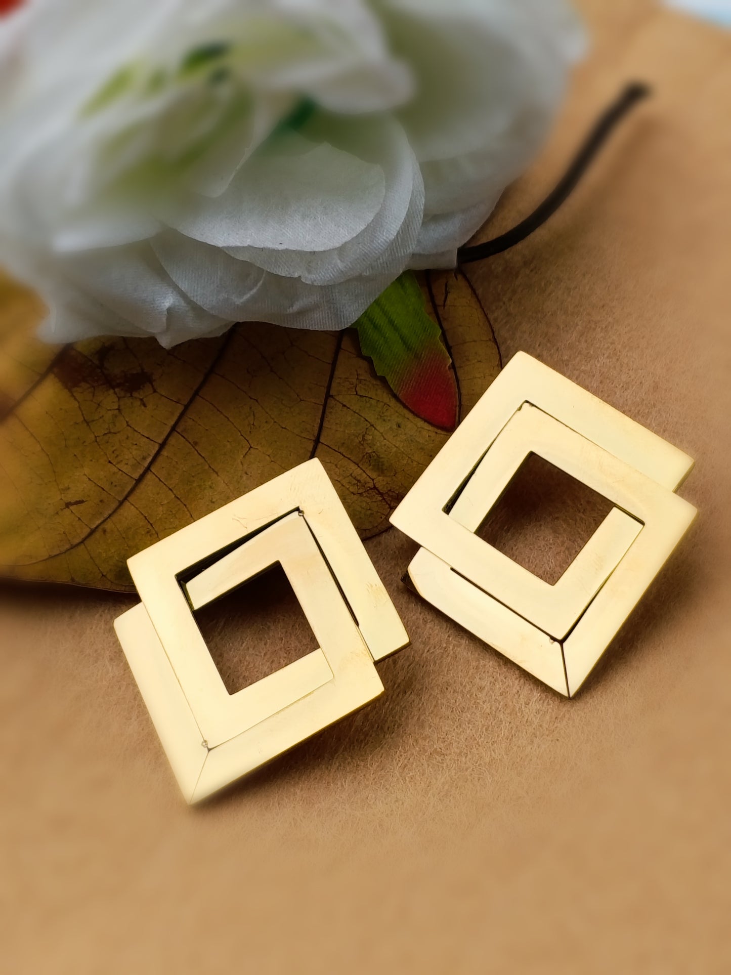 Anti Tarnish_Gold Plated Square Shaped Drop Earrings