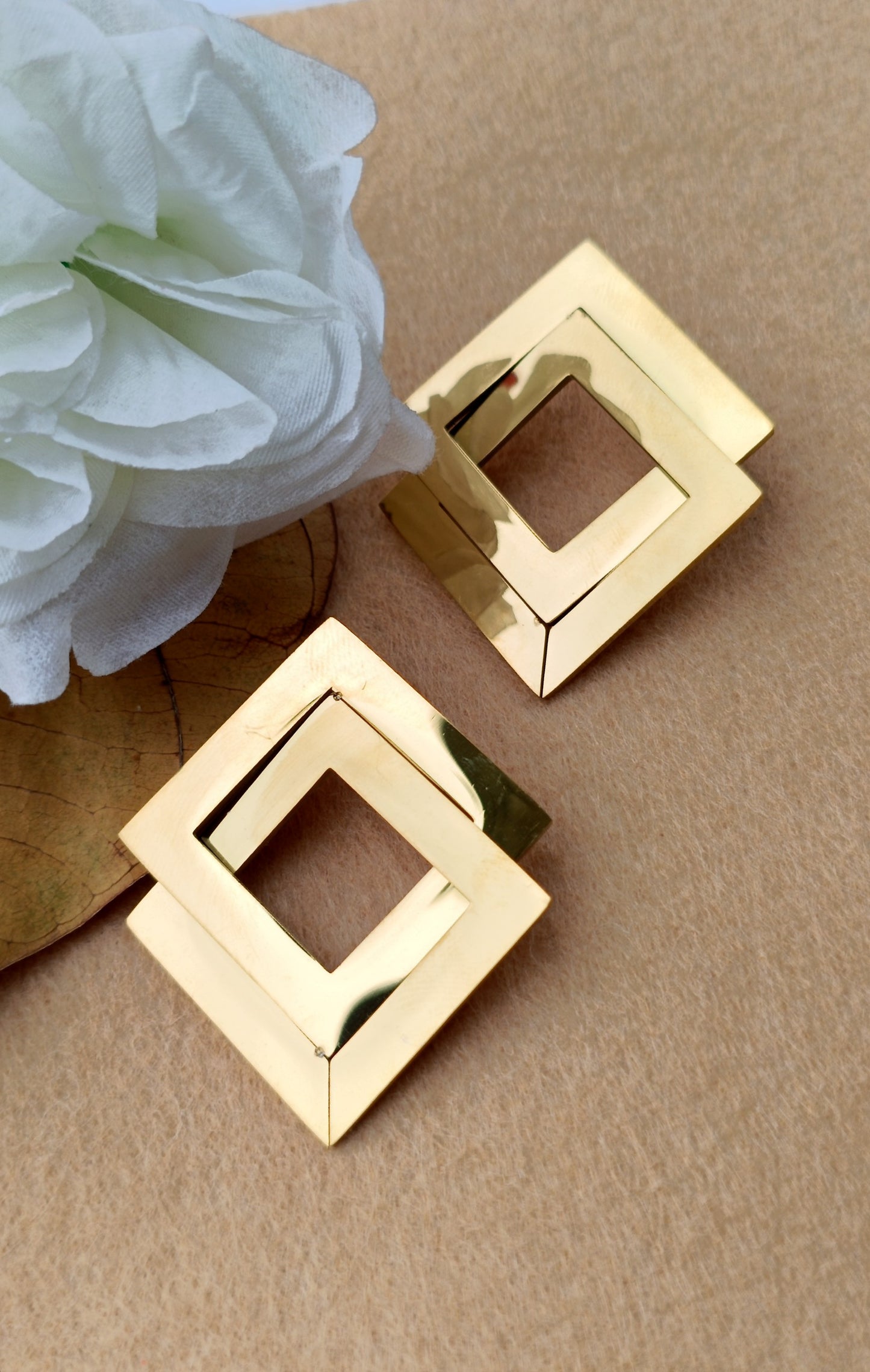 Anti Tarnish_Gold Plated Square Shaped Drop Earrings
