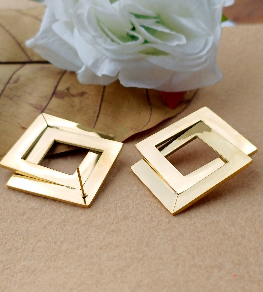 Anti Tarnish_Gold Plated Square Shaped Drop Earrings