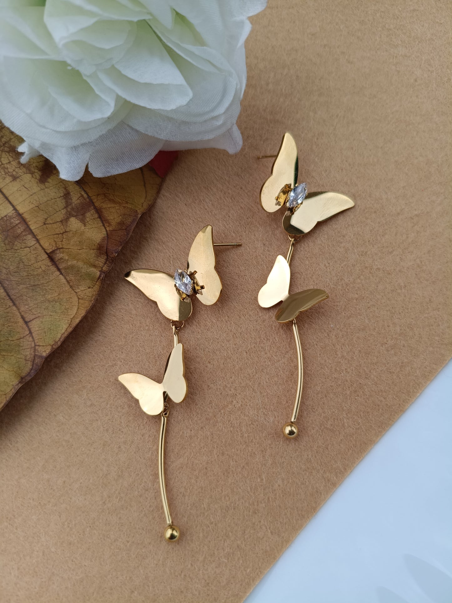 Anti Tarnish_Gold Plated Crystal Stone Butterfly Earrings