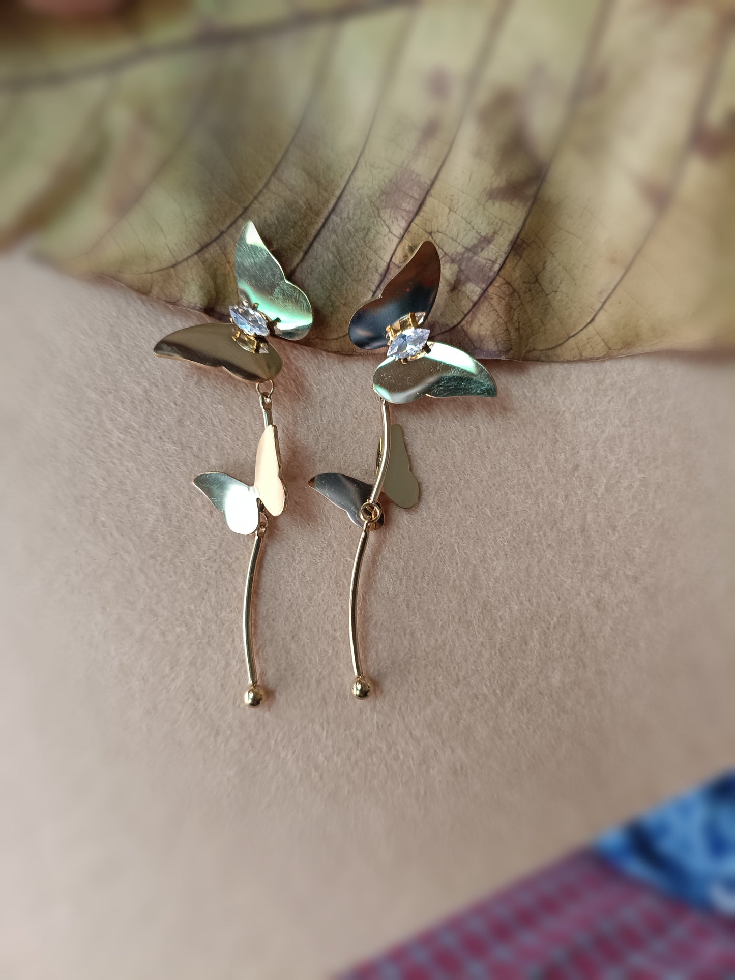 Anti Tarnish_Gold Plated Crystal Stone Butterfly Earrings