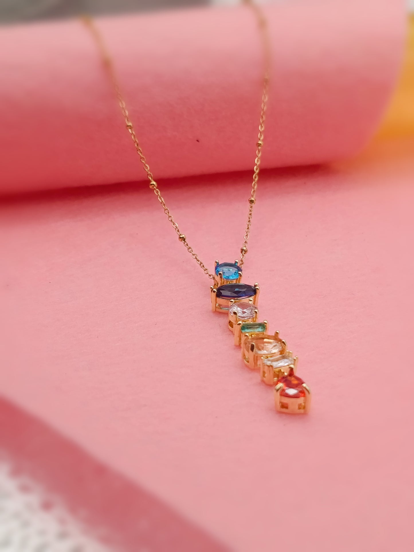 Anti Tarnish_Multicolour Gemstone Drop Pendant Necklace Set