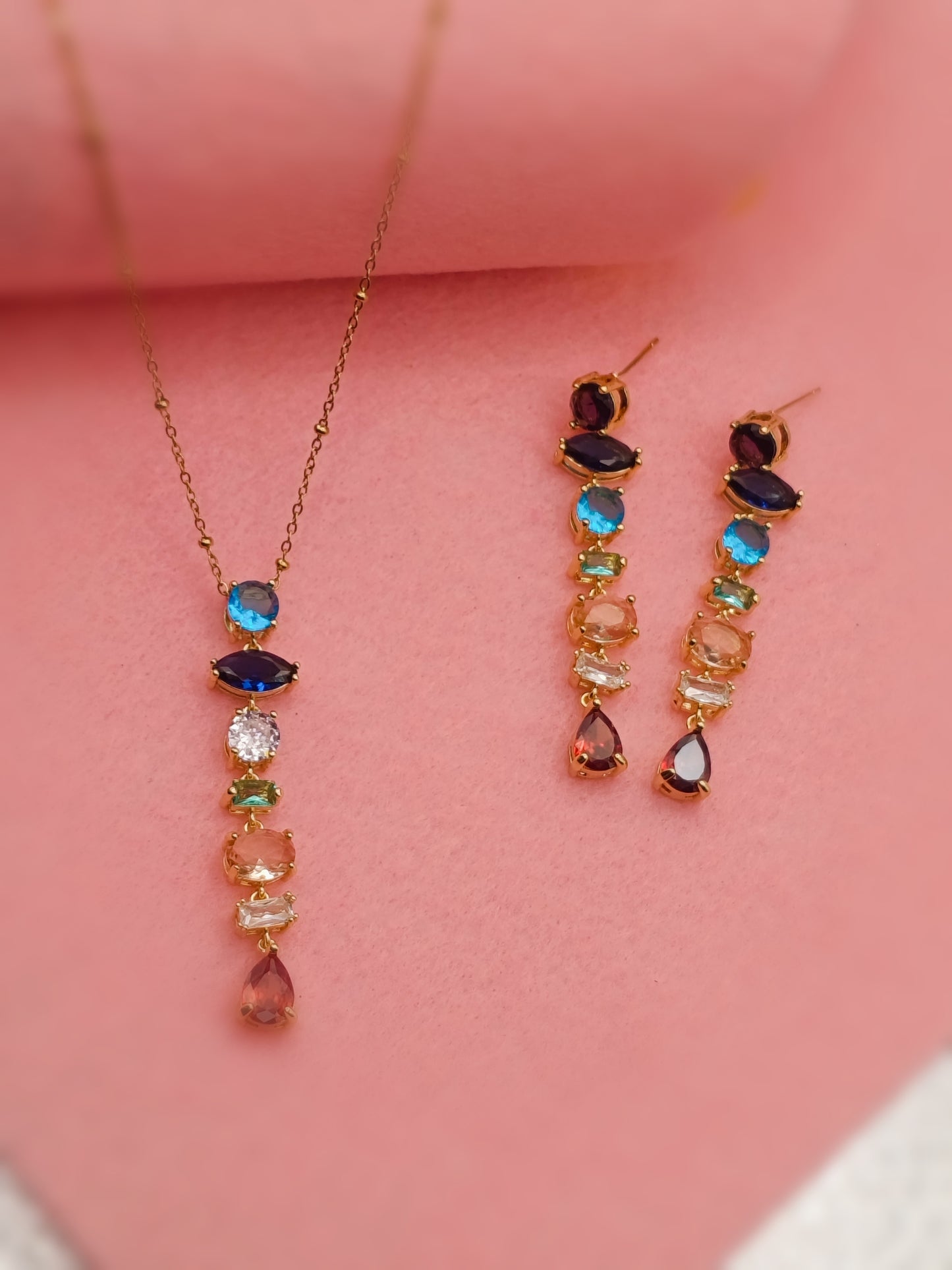 Anti Tarnish_Multicolour Gemstone Drop Pendant Necklace Set