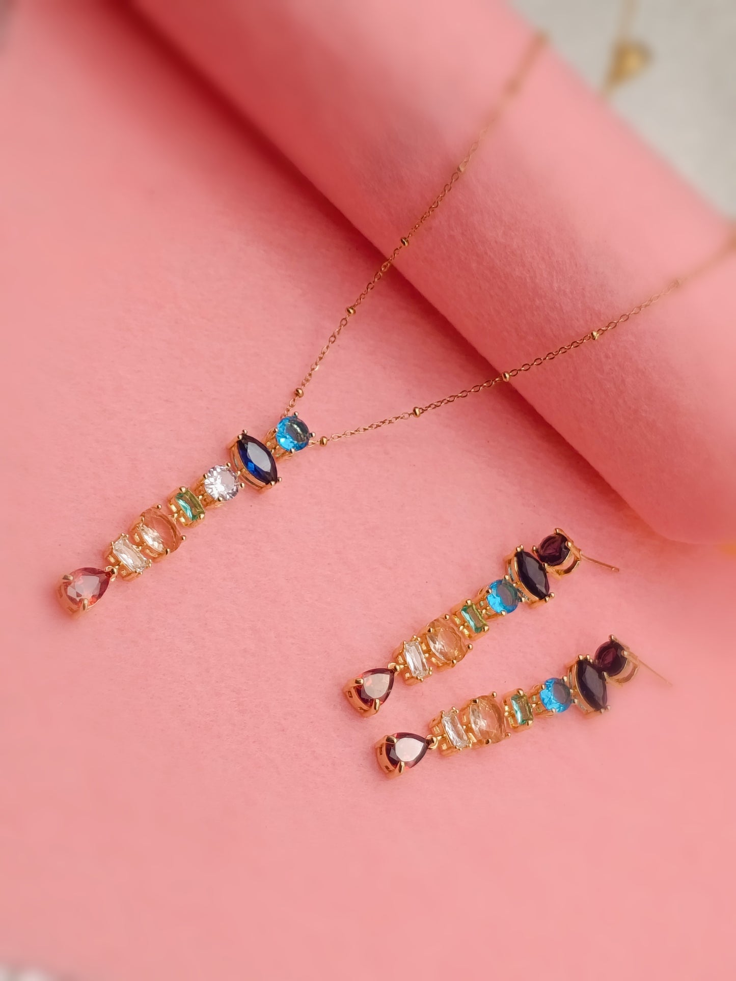 Anti Tarnish_Multicolour Gemstone Drop Pendant Necklace Set