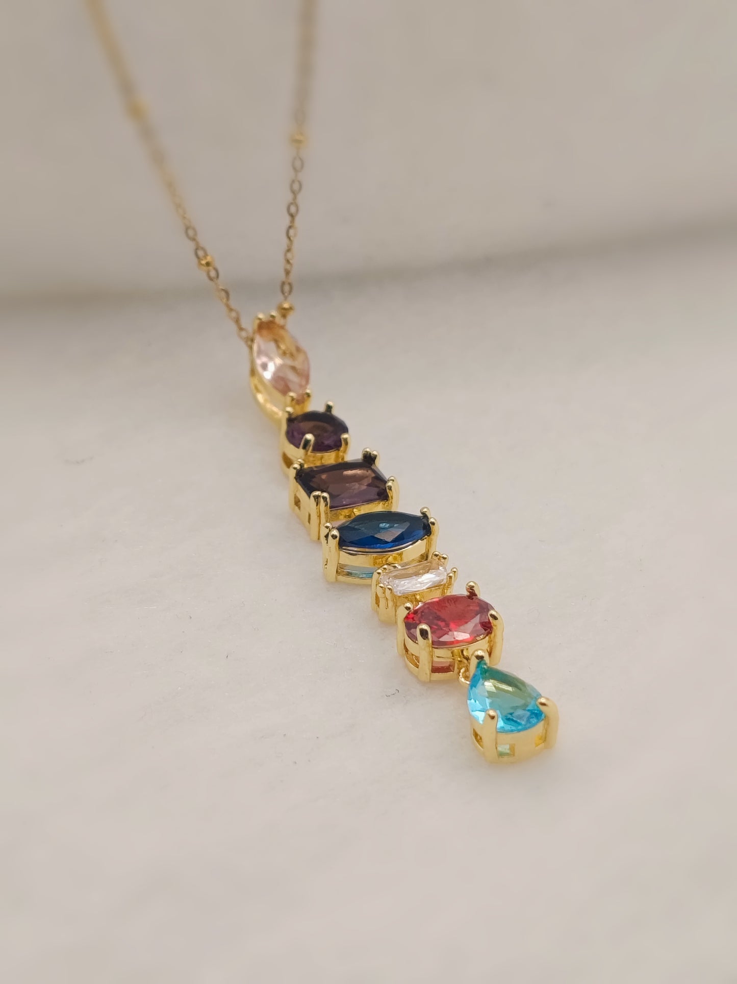 Anti Tarnish_Rainbow Gemstone Drop Pendant Necklace Set