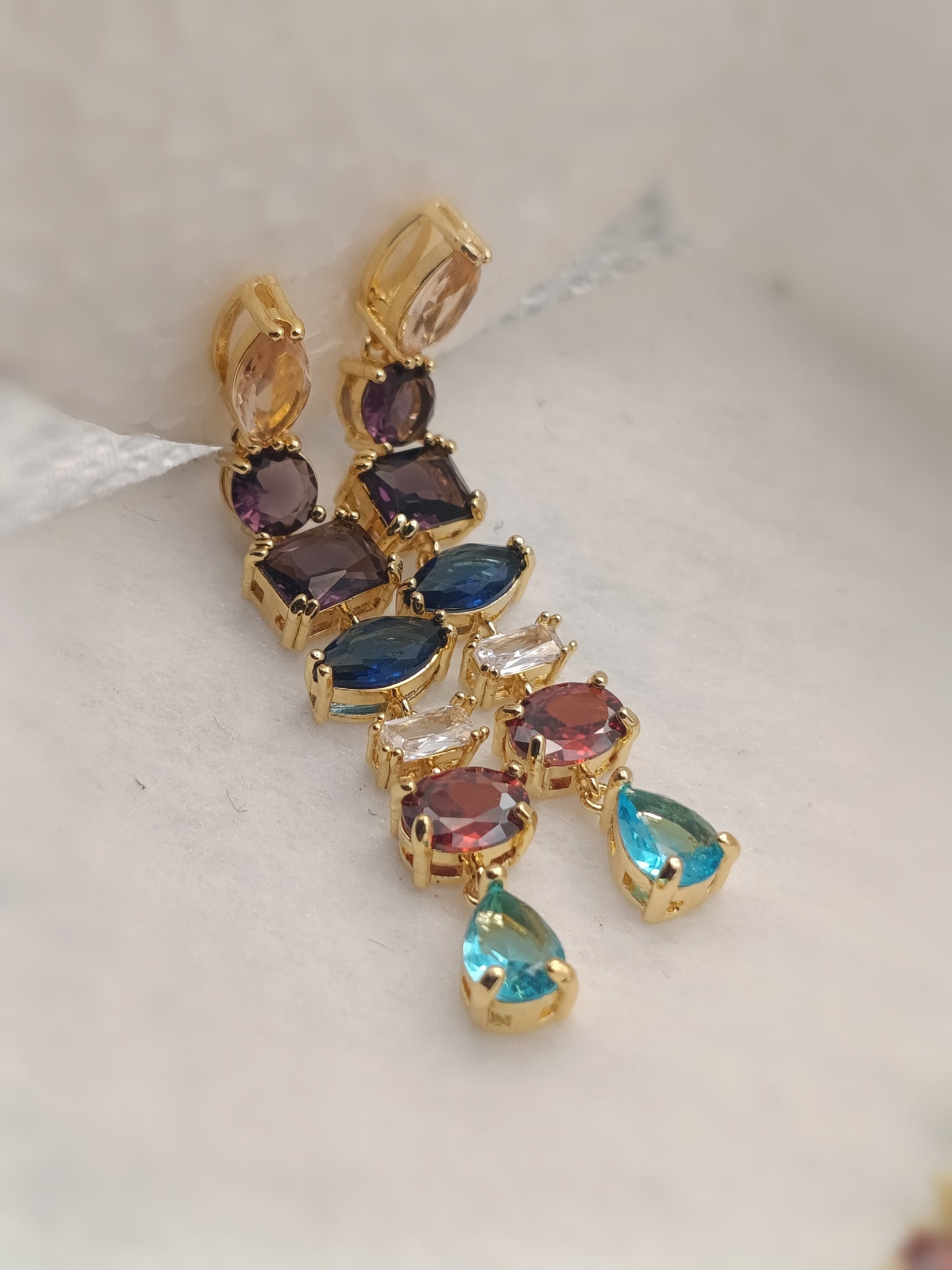 Anti Tarnish_Rainbow Gemstone Drop Pendant Necklace Set