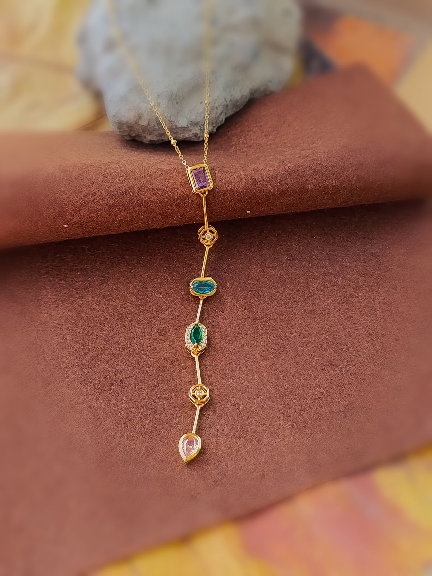 Anti Tarnish_Gold Plated Multi Gemstone Vertical Pendant Set