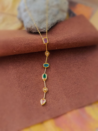 Anti Tarnish_Gold Plated Multi Gemstone Vertical Pendant Set