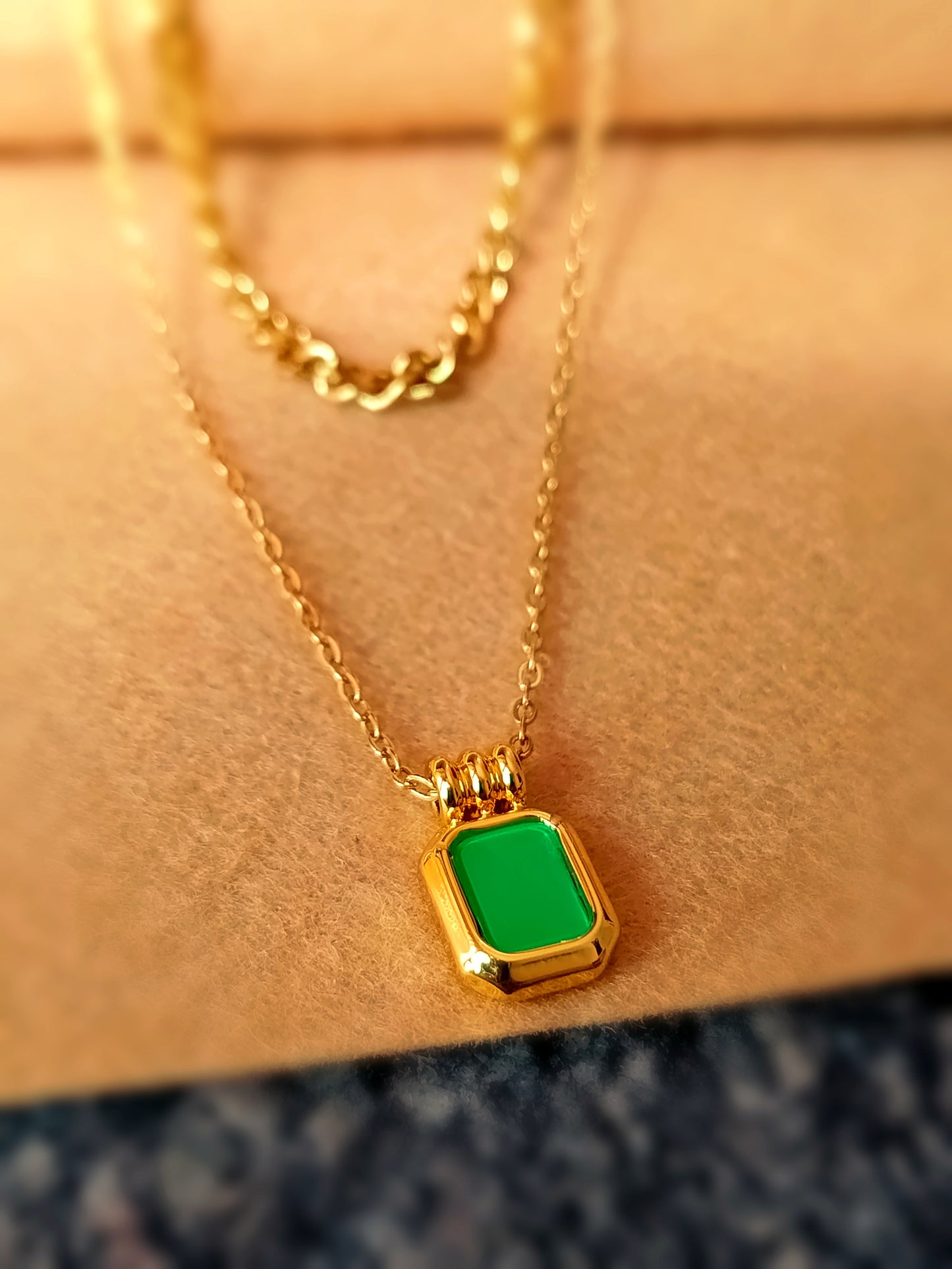 Anti Tarnish_Gold Plated Emerald Glow Layered Necklace