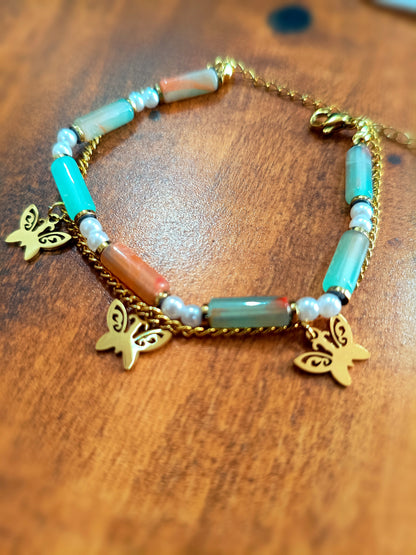 Gold Plated_Butterfly Charm Beaded Bracelet