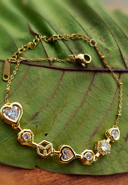 Anti Tarnish_Gold Plated Heart Shape Multi Gem Bracelet