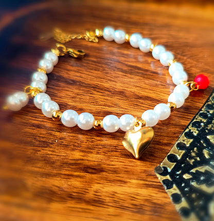 Gold Plated_Freshwater Pearl Heart Charm Bracelet