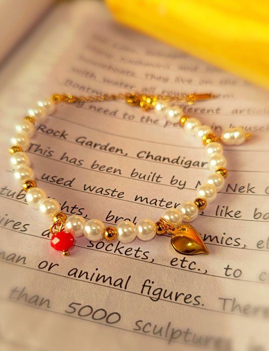 Gold Plated_Freshwater Pearl Heart Charm Bracelet