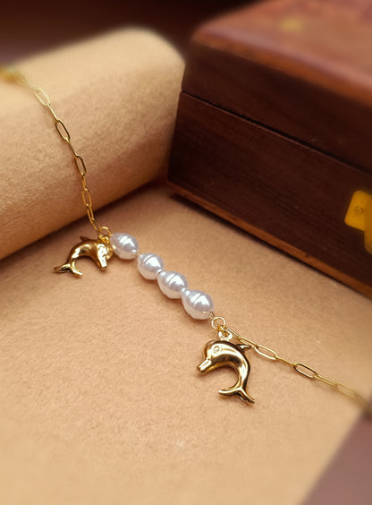Anti Tarnish_Gold Plated Dolphin Pearl Charm Bracelet