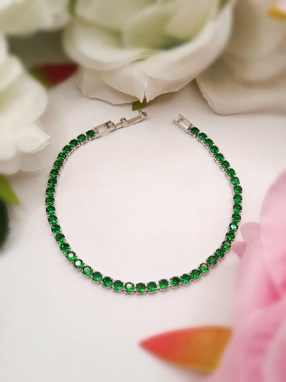 Silver Toned_Single Line Green Emerald Tennis Bracelet