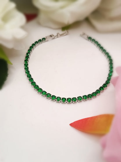 Silver Toned_Single Line Green Emerald Tennis Bracelet