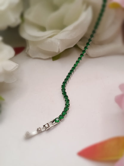 Silver Toned_Single Line Green Emerald Tennis Bracelet