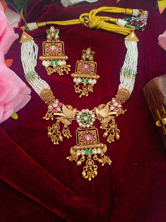 Gold Plated_Rajwadi Necklace Set with Earrings